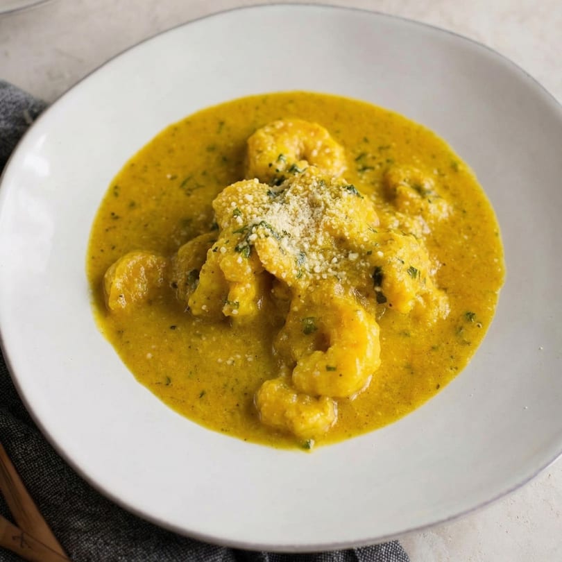 Shrimp in a rich yellow sauce, garnished with grated cheese and herbs, served on a white plate.