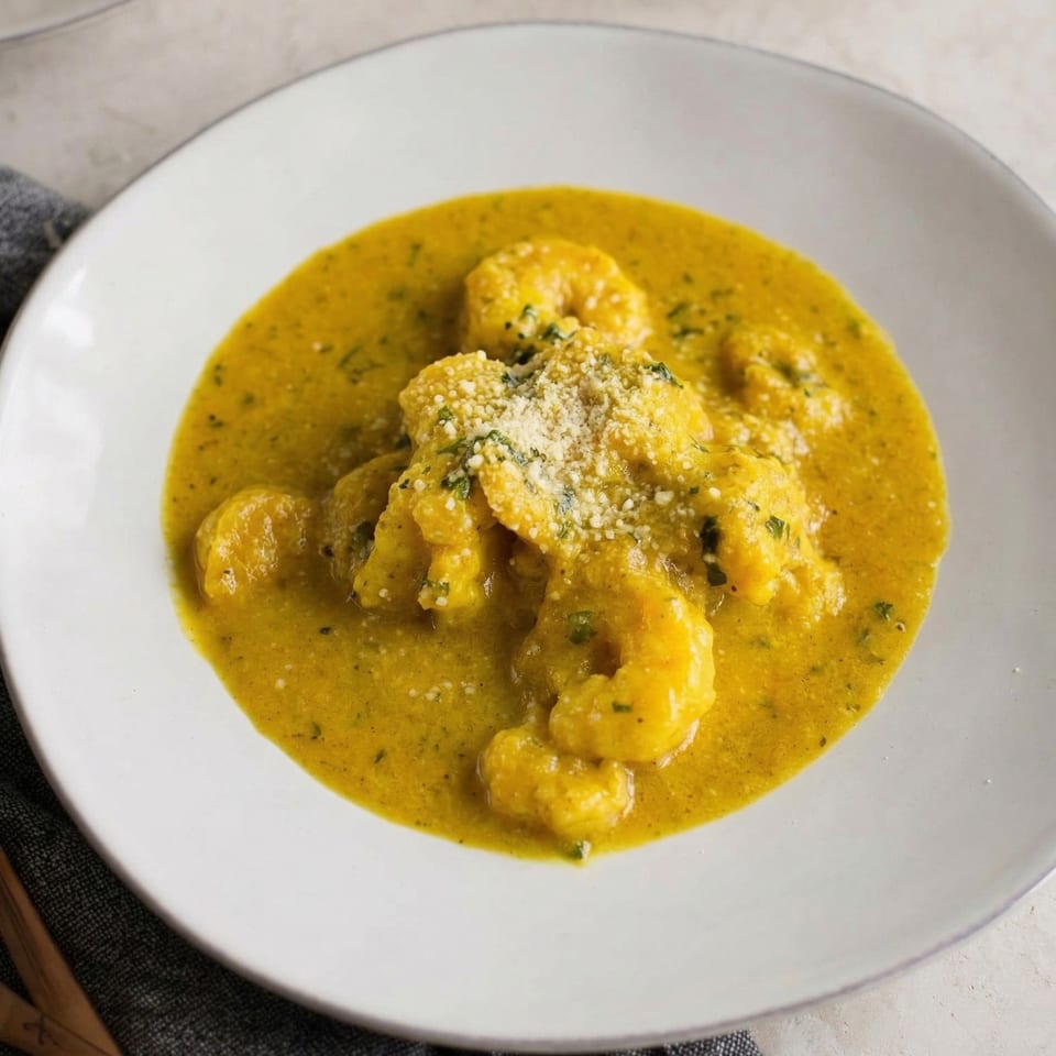 Shrimp in a rich yellow sauce, garnished with grated cheese and herbs, served on a white plate.