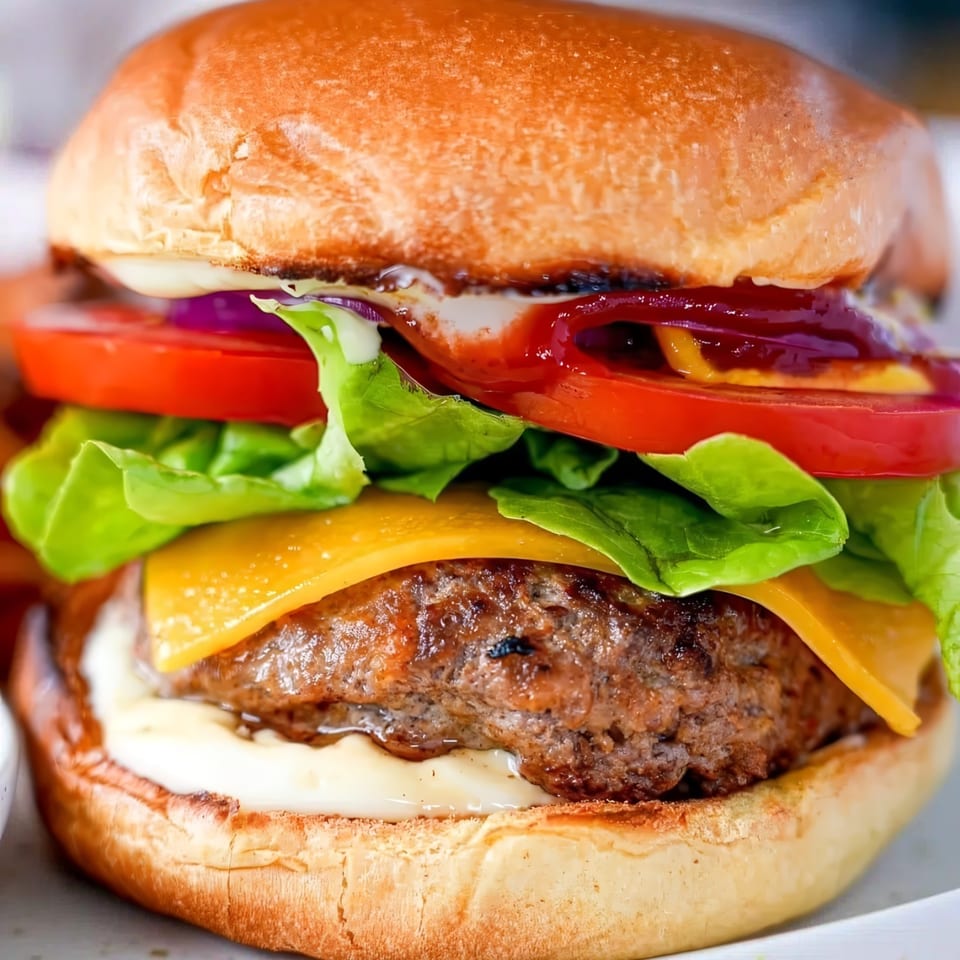 Close-up of a juicy burger with melted cheese, fresh lettuce, red onion, tomato, and sauces.