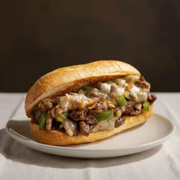 A delicious cheesesteak sandwich with melted cheese, steak, onions, and green peppers on a white plate.