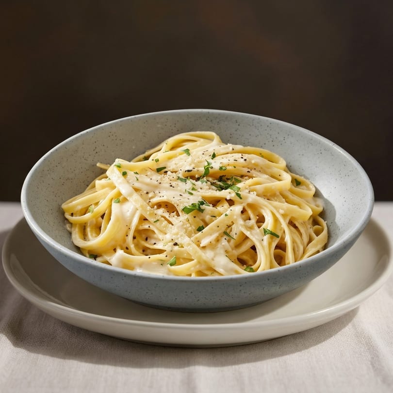 Fettuccine Alfredo in a light blue bowl, garnished with parsley and black pepper.