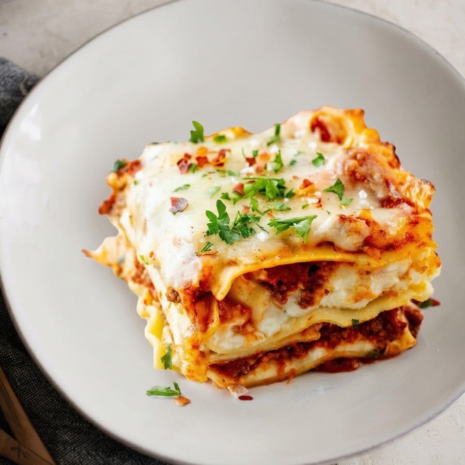 A generous slice of lasagna with melted cheese, rich red sauce, and fresh parsley on a white plate.