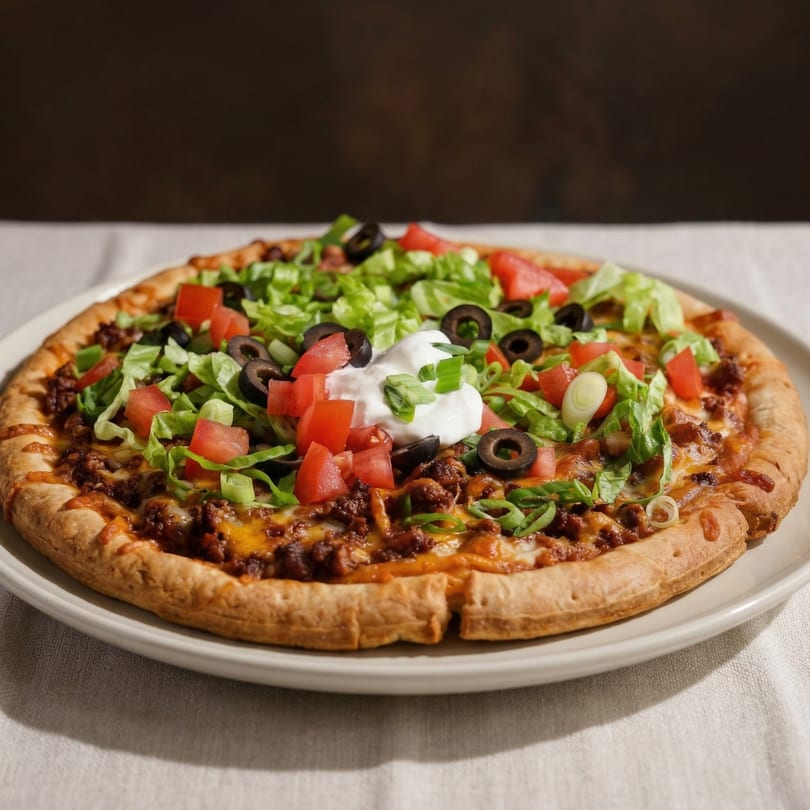 Taco pizza with ground beef, cheese, lettuce, tomatoes, olives, green onions, and sour cream.